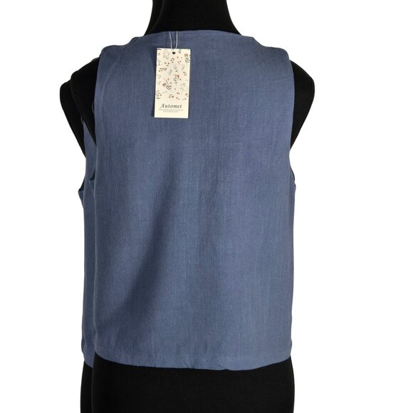 NWT | Dusty Blue Square Neck Linen Blend Sleeveless Cropped Tank Top | Small - Picture 2 of 5